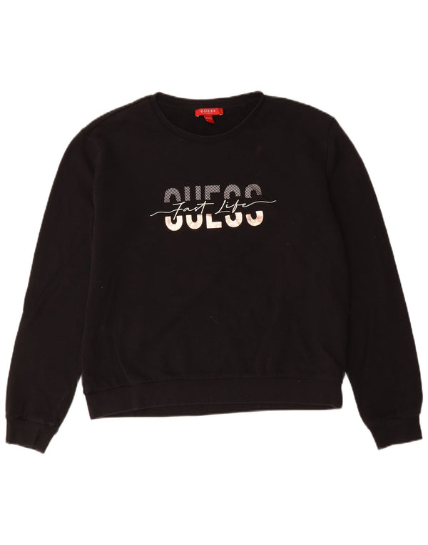 Guess Pulover cu grafic pentru femei UK 16, mare, negru, bumbac
