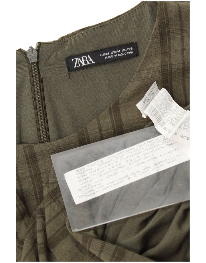 Rochie rotativă pentru femei Zara, cu mâneci 3/4 UK 12 Medium Khaki Check Viscose