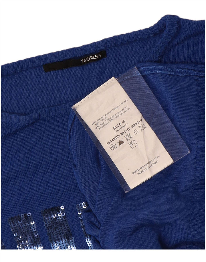 Pulover pentru femei GUESS cu grafică cu gât de barcă, UK 12, viscoză albastră medie