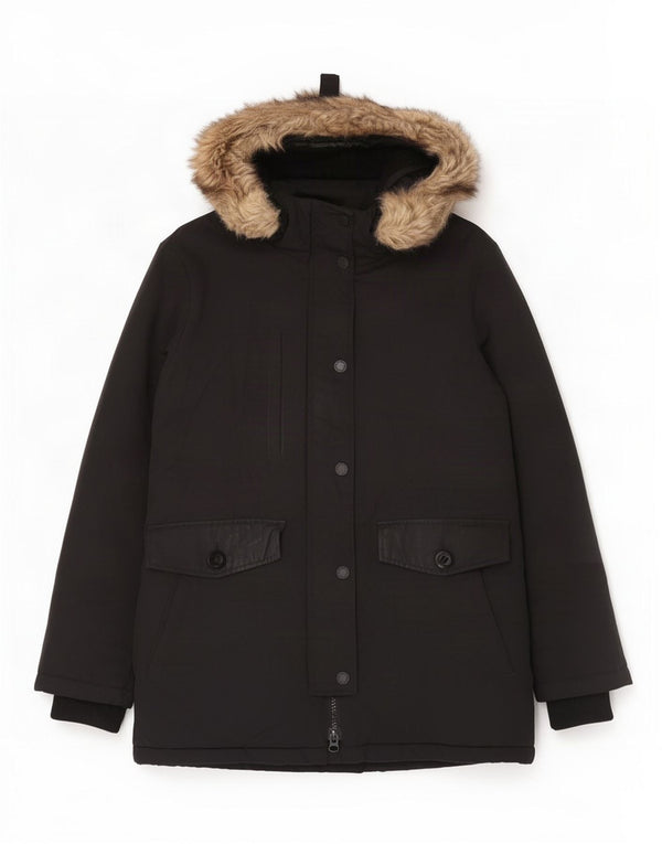 Superdry Womens Hooded Parka Jacket UK 12 Medium Black Nylon