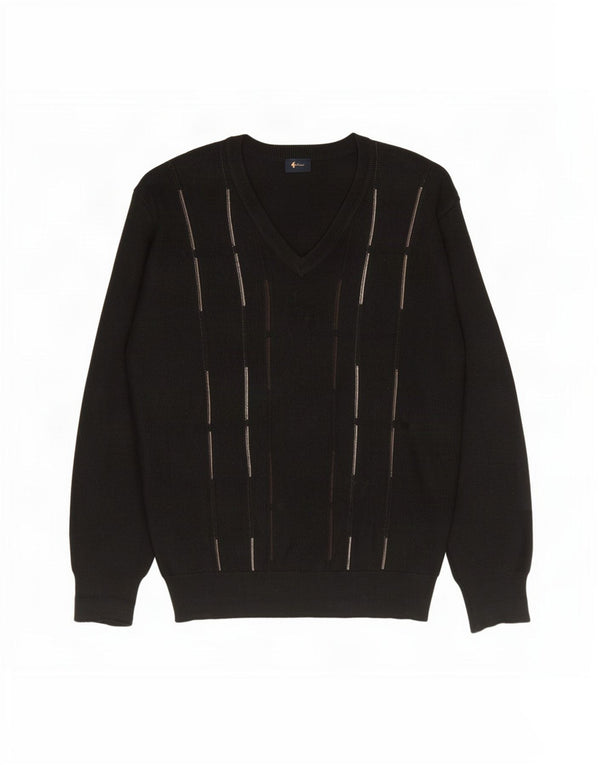 Gabicci Mens V-Neck Jumper Sweater Large Black Striped Wool