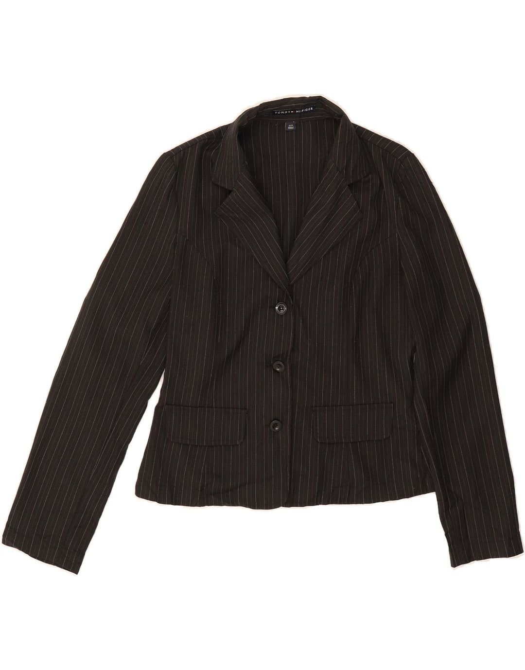 TOMMY HILFIGER Womens 3 Button Blazer Jacket UK 14 Medium Black Pinstripe Vintage Tommy Hilfiger and Second-Hand Tommy Hilfiger from Messina Hembry 