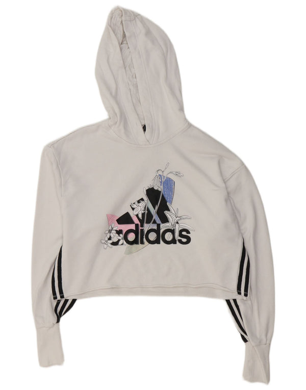 Jumper Adidas pentru femei oversized Graphic Crop Hoodie UK 4/6 XS Bumbac alb