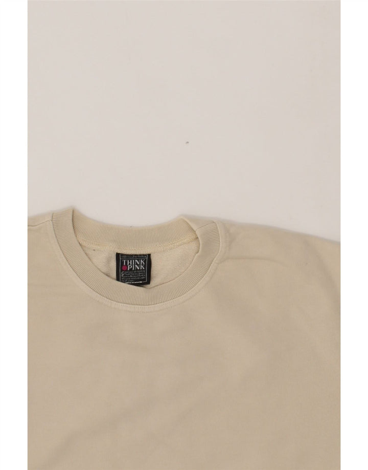 THINK PINK Mens Graphic Sweatshirt Jumper Medium Beige Cotton Vintage Think Pink and Second-Hand Think Pink from Messina Hembry 