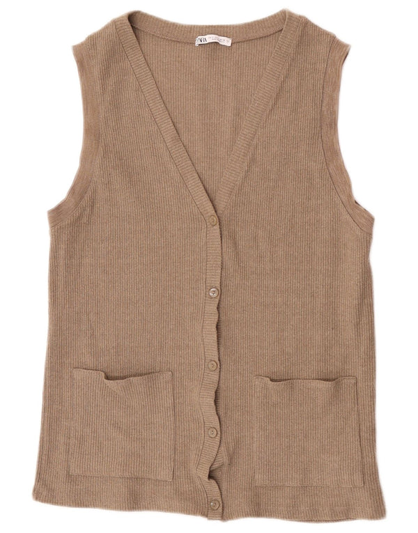 Pulover cardigan fără mâneci pentru femei Zara UK 10 Mic Bej Acrilic
