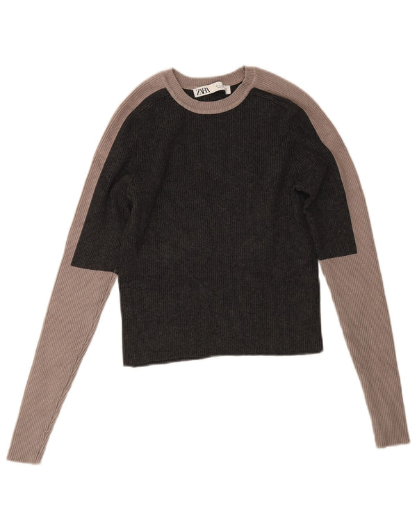 Crop Top pentru femei Zara cu mânecă lungă UK 12 Medium Gri Colorblock Viscose