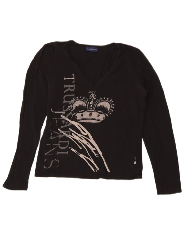 TRUSSARDI JEANS Top crop cu mânecă lungă pentru femei UK 14 Large Negru