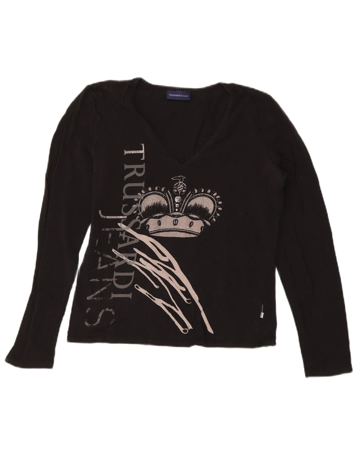 TRUSSARDI JEANS Top crop cu mânecă lungă pentru femei UK 14 Large Negru