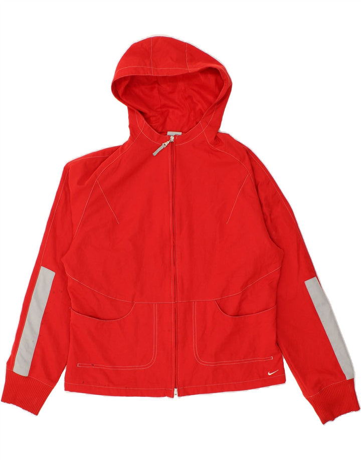 NIKE Womens Hooded Rain Jacket UK 12/14 Large Red Colourblock Polyester Vintage Nike and Second-Hand Nike from Messina Hembry 