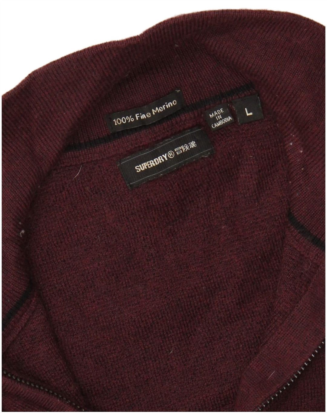 Pulover pentru femei SUPERDRY cu fermoar și gât UK 16 Lână merinos burgundy mare