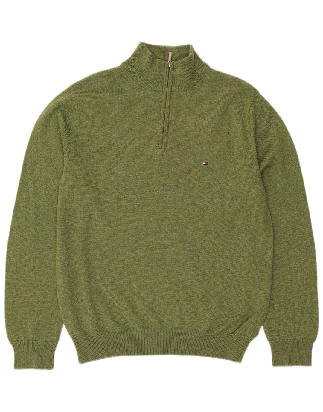 Pulover Tommy Hilfiger pentru bărbați, cu fermoar și gât, lână de miel verde mediu