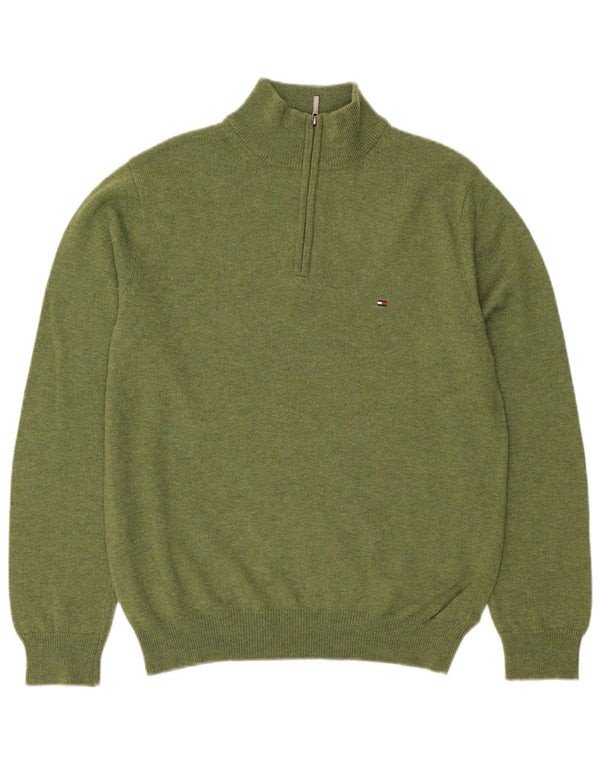 Tommy Hilfiger Mens Zip Neck Jumper Sweater Medium Green Lambswool