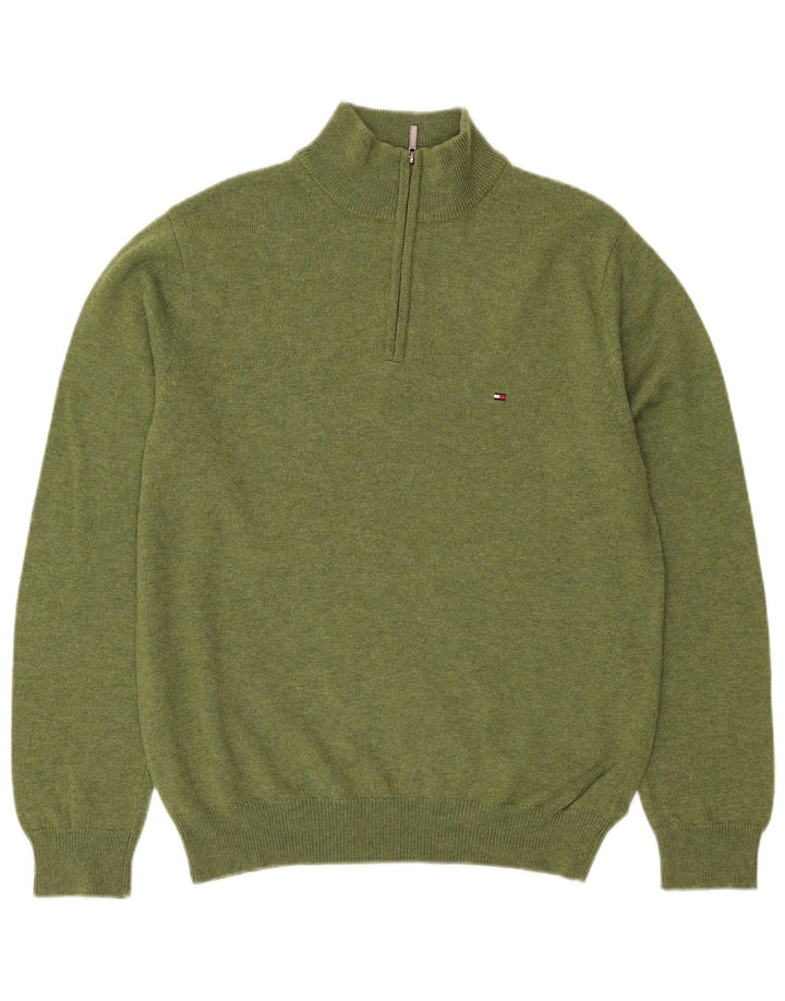 Pulover Tommy Hilfiger pentru bărbați, cu fermoar și gât, lână de miel verde mediu