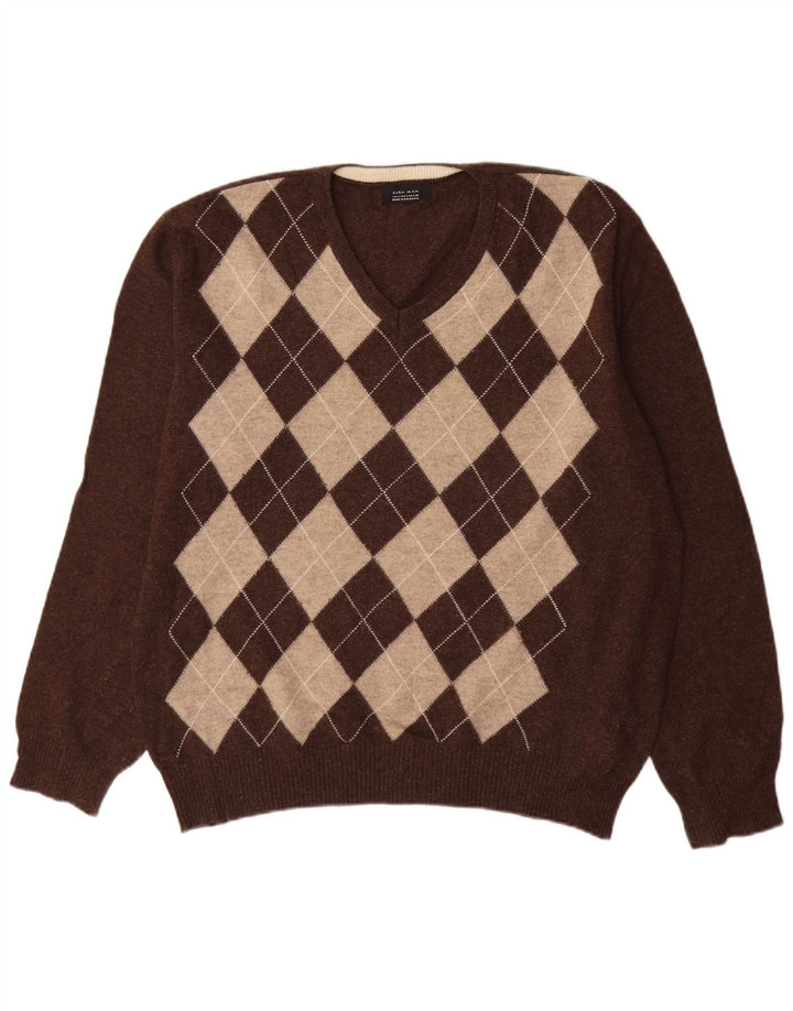 Pulover pentru bărbați Zara, cu decolteu în V, mare, maro, lână Argyle/Diamond