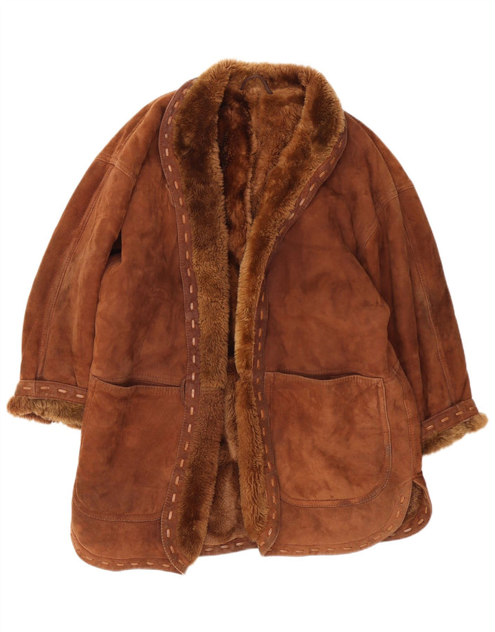 Jachetă din shearling deschisă vintage pentru femei UK 18 XL maro