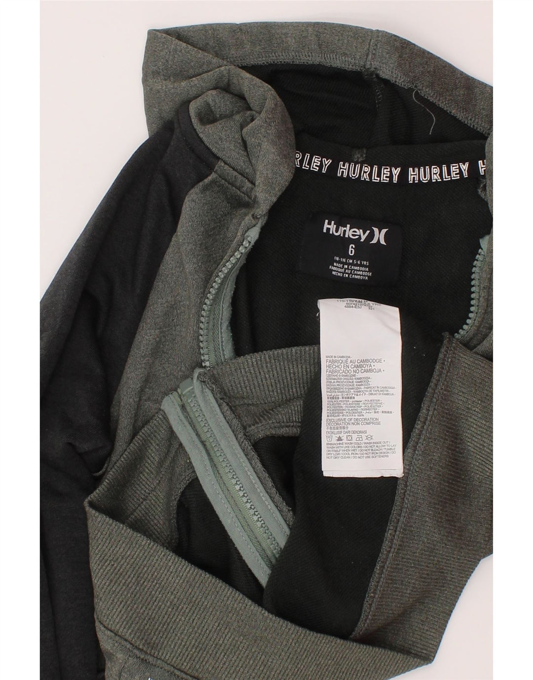 Pulover cu glugă cu fermoar grafic Hurley pentru băieți 5-6 ani poliester color bloc de culoare gri