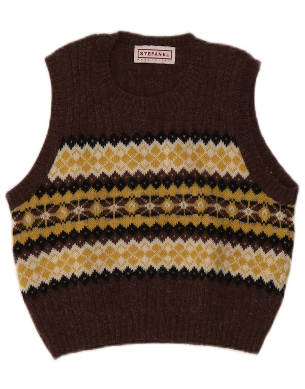 Stefanel Womens Crop Vest Tank Top UK 10 Small Brown Fair Isle Lână