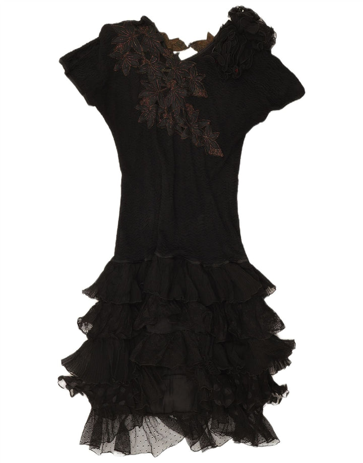 Rochie vintage pentru femei cu etaje UK 12 Medium Black Floral