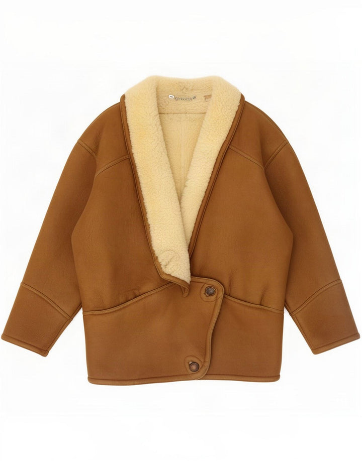 Vintage Womens Oversized Shearling Jacket UK 14 Medium Brown Colorblock