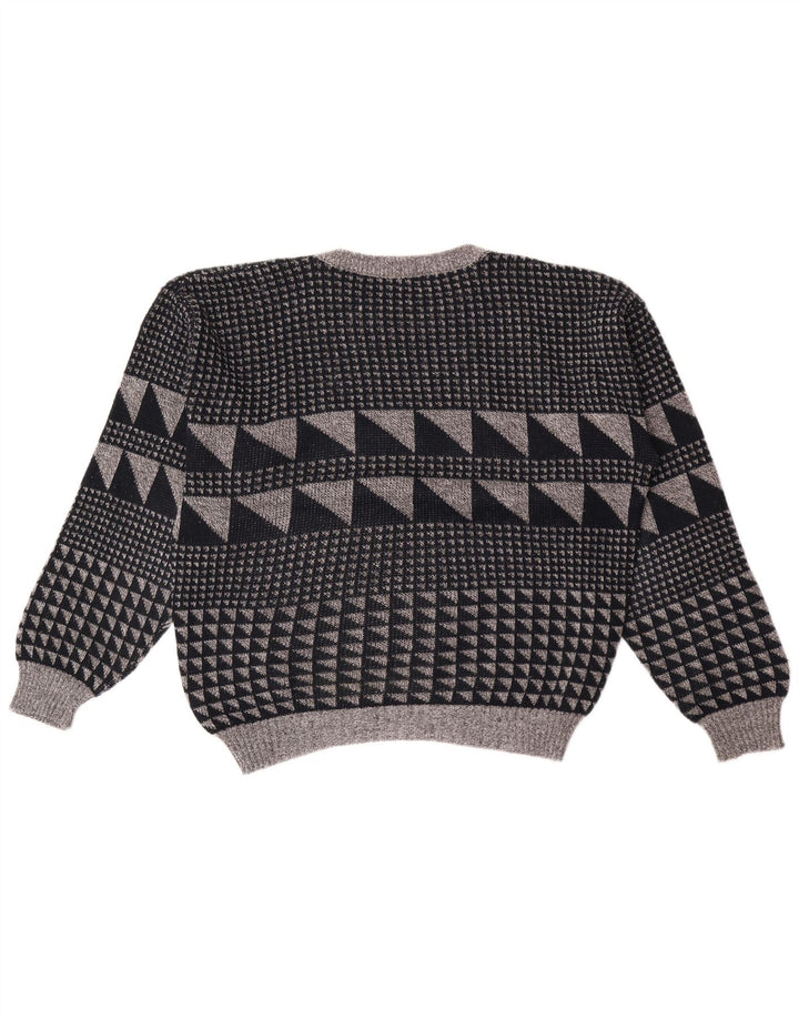 Pulover vintage pentru bărbați cu gâtul turnat, mare, gri, geometric