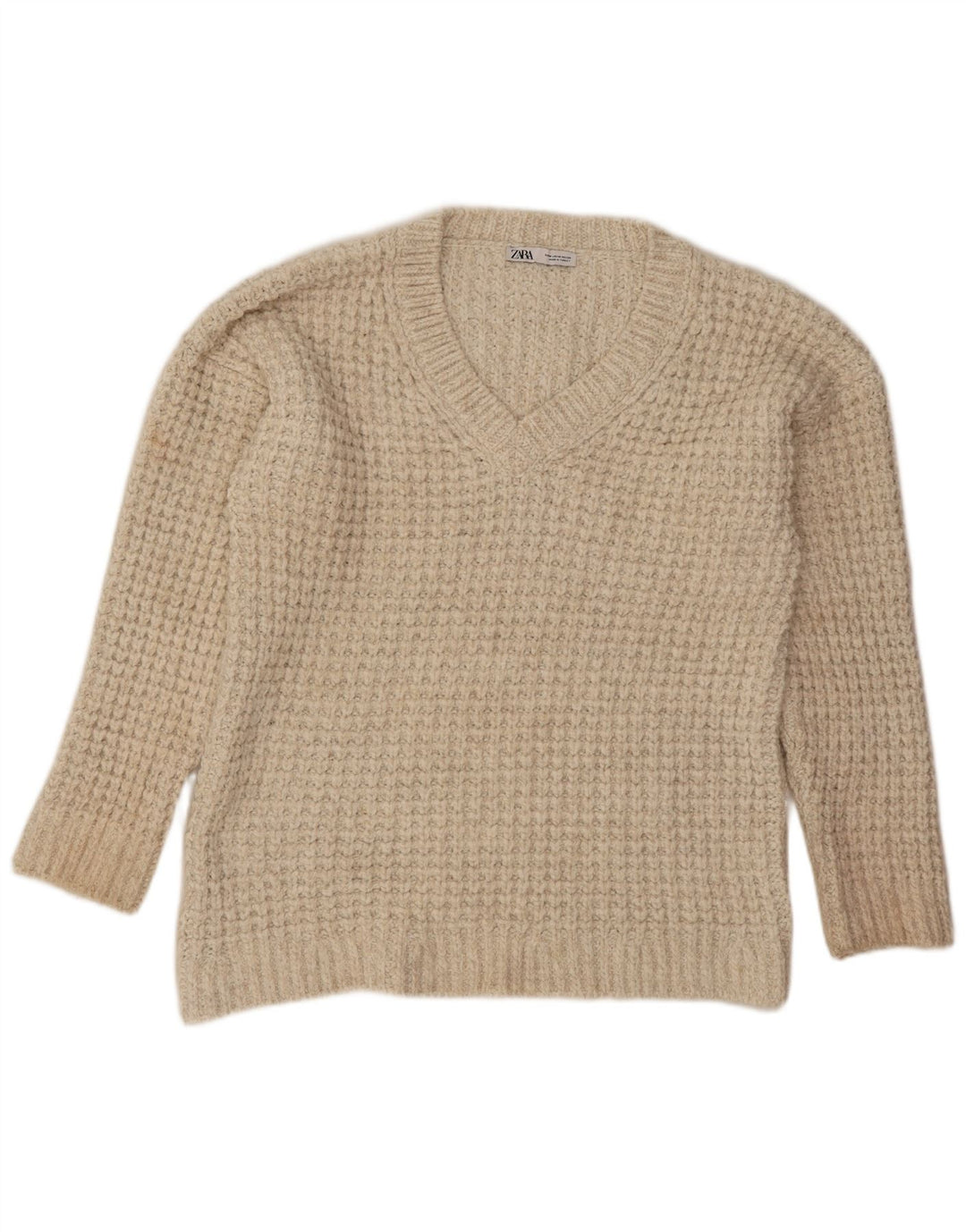 Pulover pentru femeie Zara supradimensionat cu decolteu în V UK 14 Medium Bej Acrilic