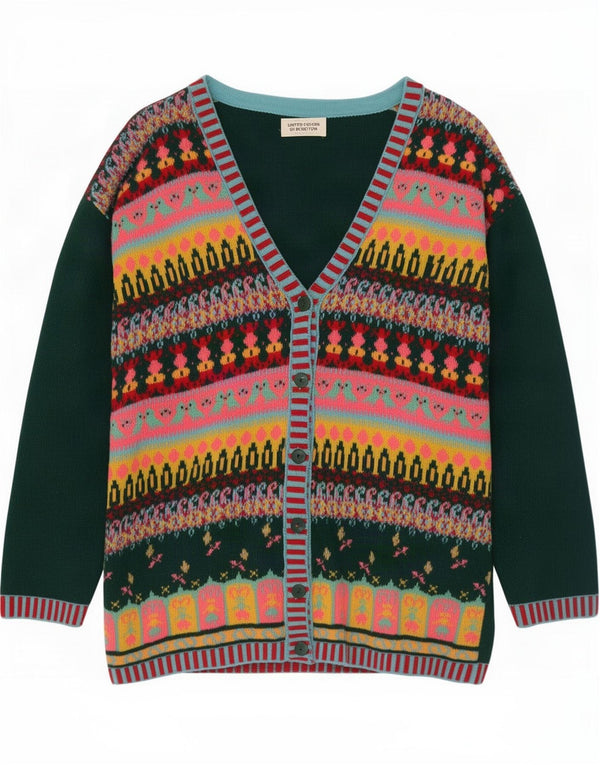 Pulover cardigan supradimensionat pentru femei Benetton UK 10, lână Fair Isle, verde, mică