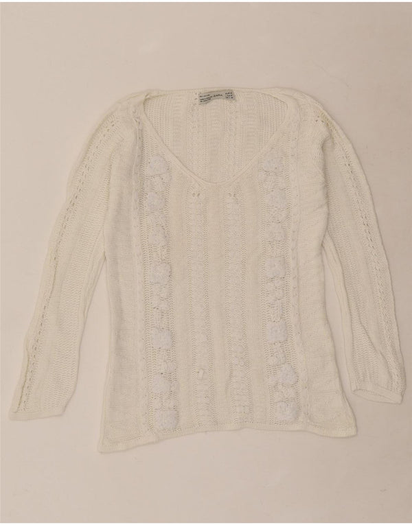 Pulover pentru damă Zara, cu decolteu în V, UK 12, bumbac floral, alb, mediu