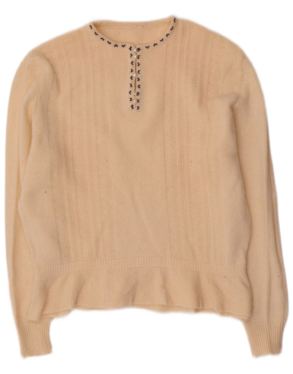 Pulover vintage pentru femei cu decolteu rotund UK 16 Lână mare bej