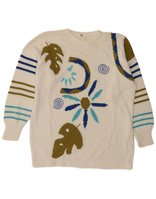 VINTAGE Pulover cu decolteu rotund cu grafic pentru femei UK 16, mare, alb, floral