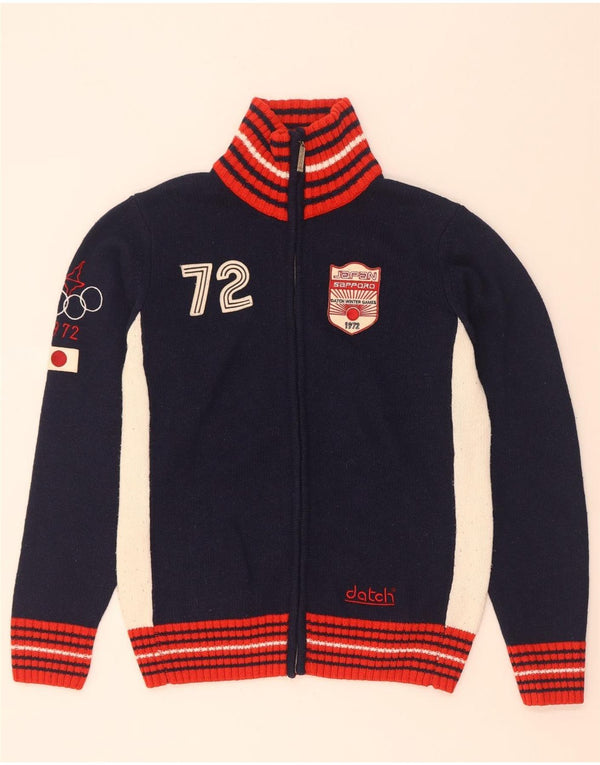 Pulover cardigan grafic pentru bărbați Datch UK 14 Mediu Lână color bloc albastru bleumarin