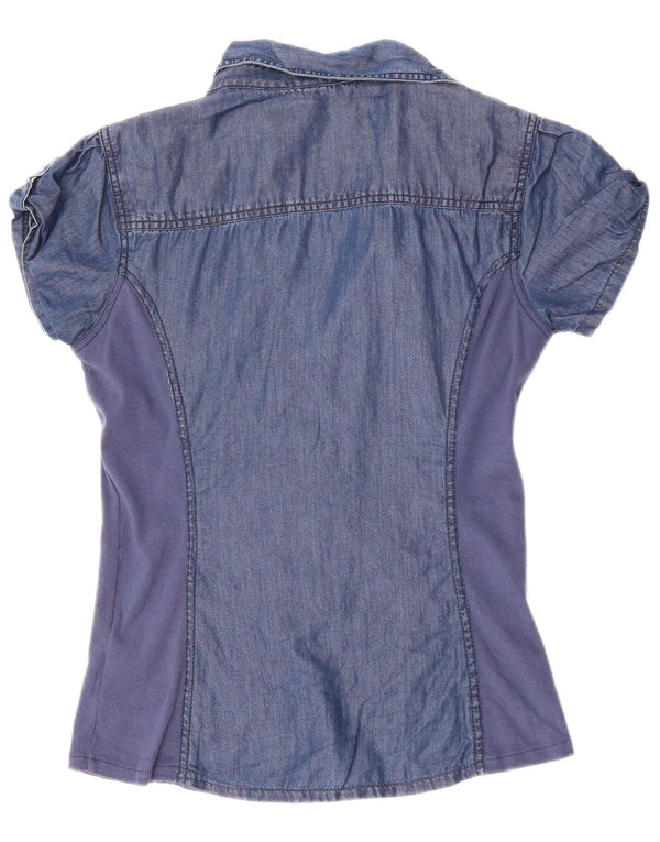 Bluză cămașă din denim cu mânecă scurtă pentru femei GUESS UK 12 Tencel mediu albastru bleumarin