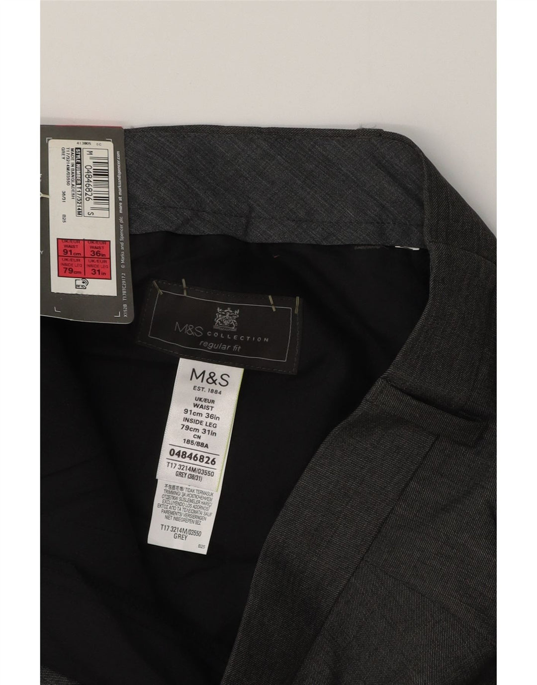 MARKS & SPENCER Pantaloni de costum pentru bărbați, cu tăiere obișnuită, L36 L31, poliester gri