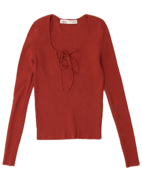 Zara Womens Crop Top Long Sleeve UK 8 Small Red Viscose