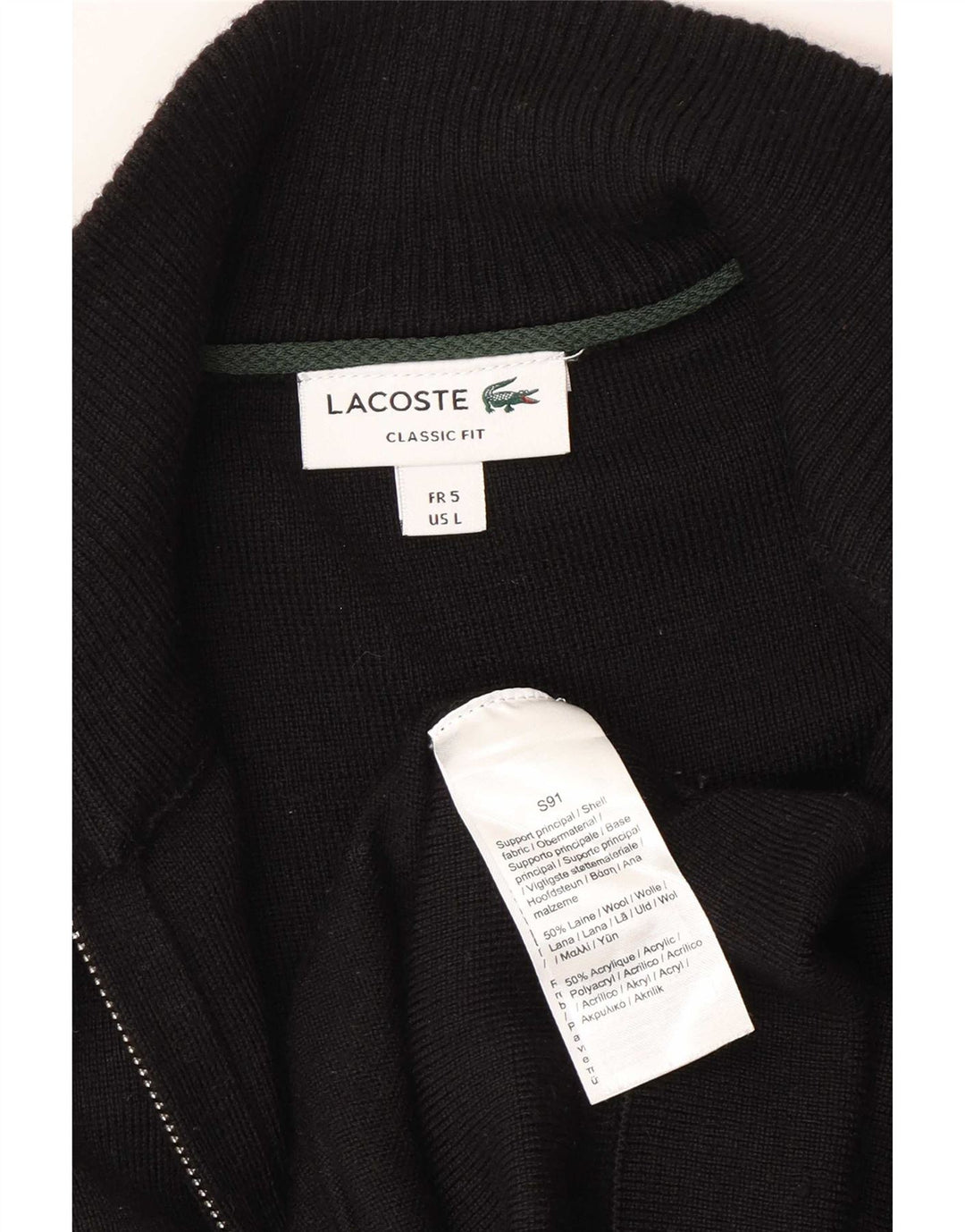 Pulover cardigan Lacoste pentru bărbați, cu tăiere clasică, mărimea 5, lână neagră mare