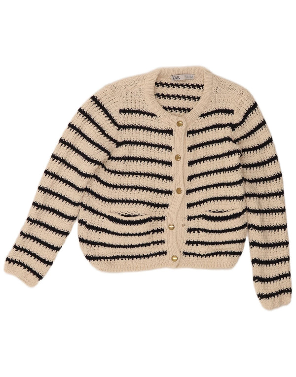 Pulover cardigan pentru femei Zara UK 14, bumbac cu dungi alb, mediu