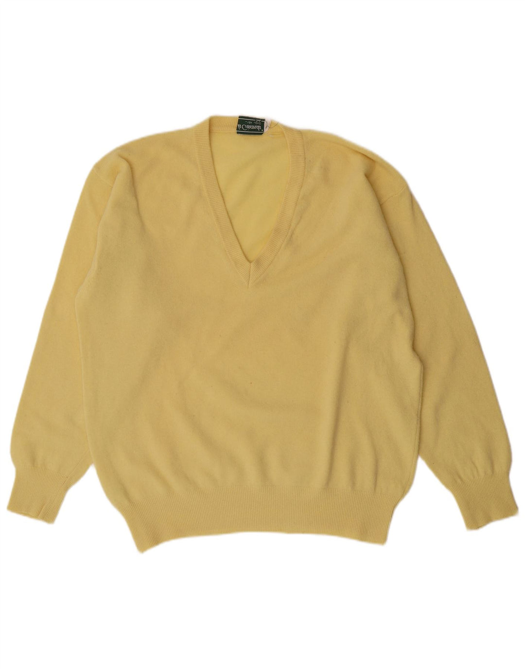 VINTAGE Mens V-Neck Jumper Sweater IT 52 Large Yellow Wool