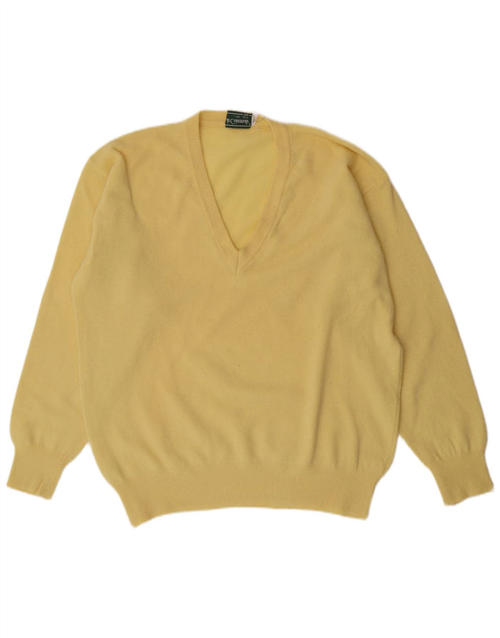 VINTAGE Mens V-Neck Jumper Sweater IT 52 Large Yellow Wool