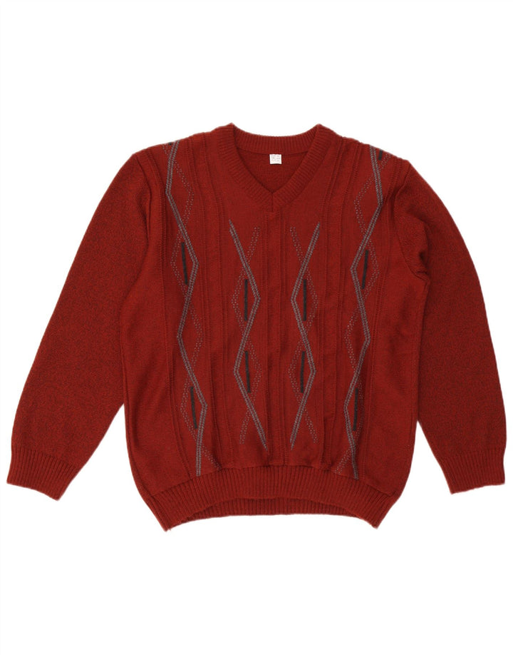 Pulover vintage pentru bărbați cu decolteu în V UK 38 Medium Maroon Geometric