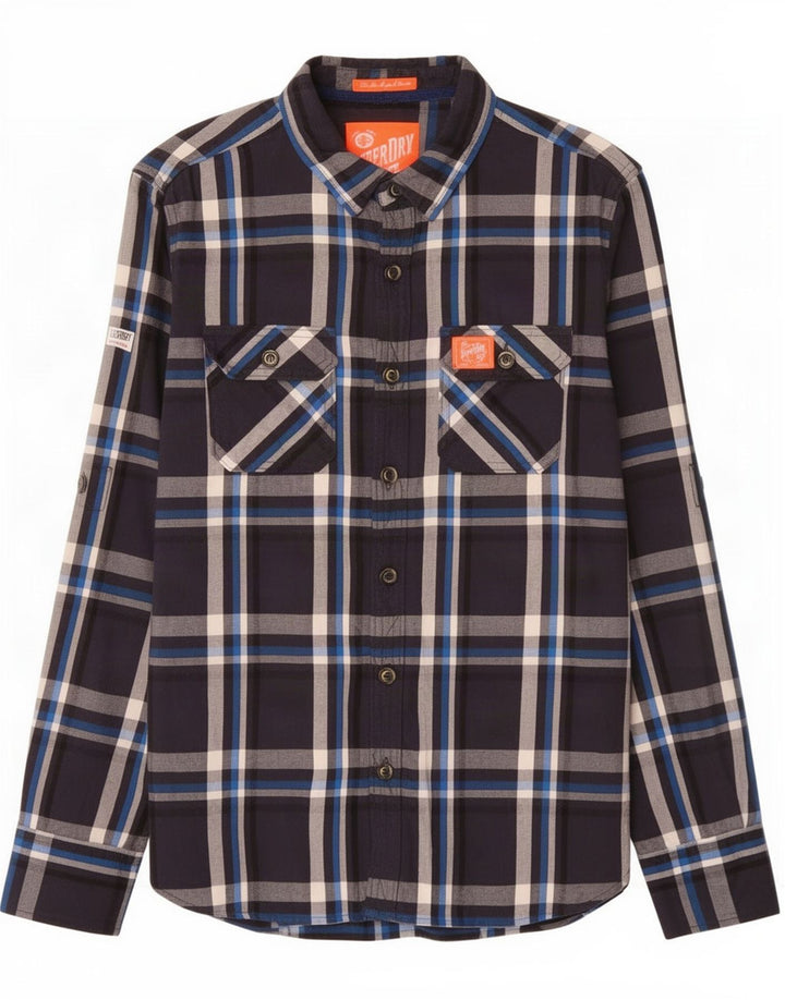 Cămașă de flanel pentru bărbați Superdry, bumbac carouri albastru bleumarin mediu