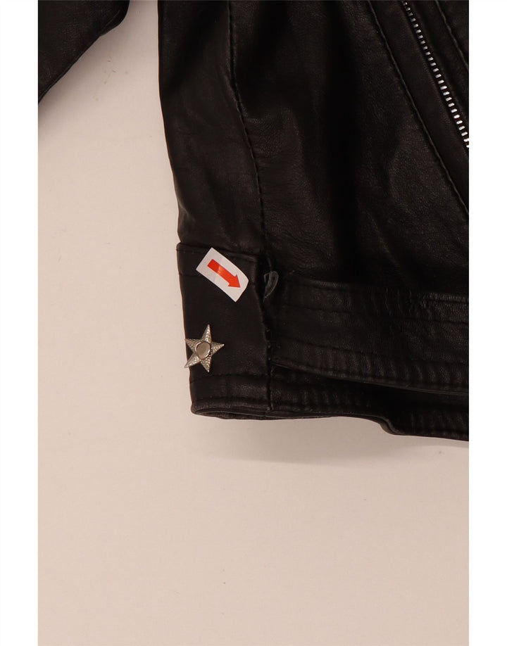 Jachetă de motociclist din piele crop vintage pentru femei UK 12 Medium Black Leather