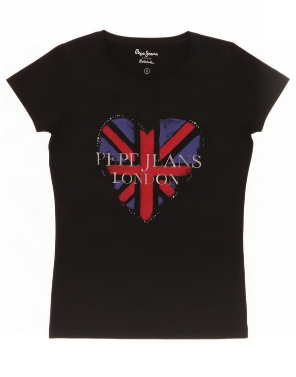 Tricou grafic pentru femei PEPE Jeans Top UK 10 Small Black Bumbac