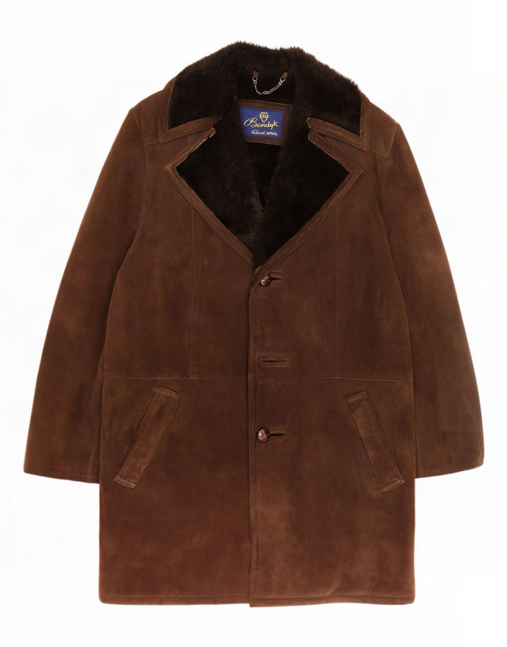 Pardesiu din shearling vintage pentru bărbați UK 38, maro mediu, piele intoarsa