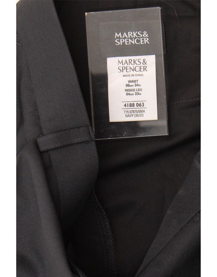 MARKS & SPENCER Mens Straight Casual Trousers W34 L33 Navy Blue Polyester Vintage Marks & Spencer and Second-Hand Marks & Spencer from Messina Hembry 