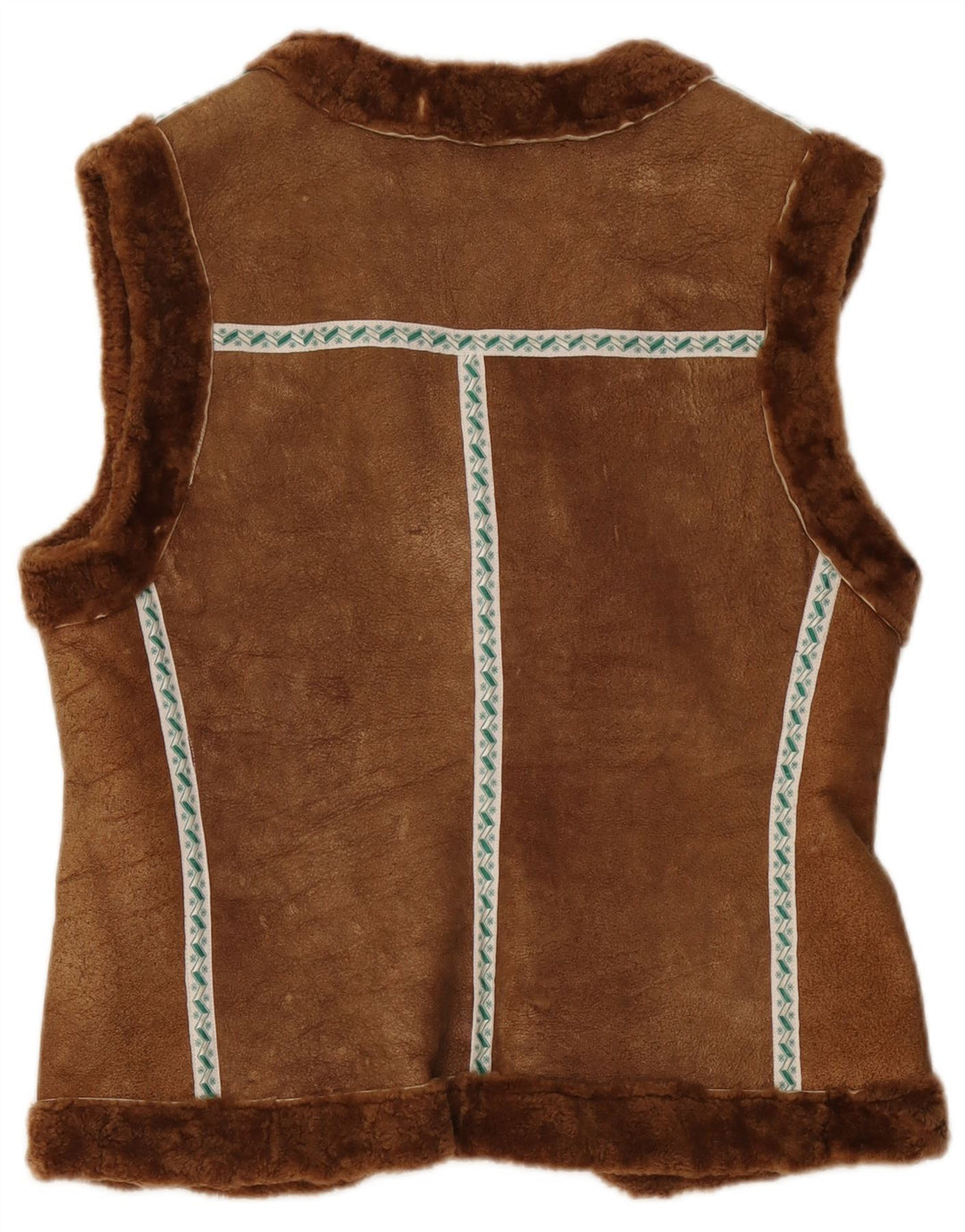 Gilet din shearling vintage pentru femei UK 12 maro mediu geometric