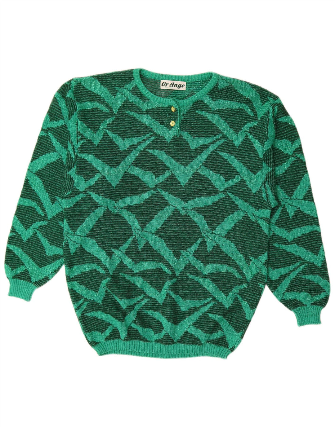 Pulover vintage pentru femei cu model abstract, cu decolteu rotund, mare, verde, UK 16