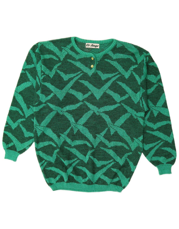 Pulover vintage pentru femei cu model abstract, cu decolteu rotund, mare, verde, UK 16