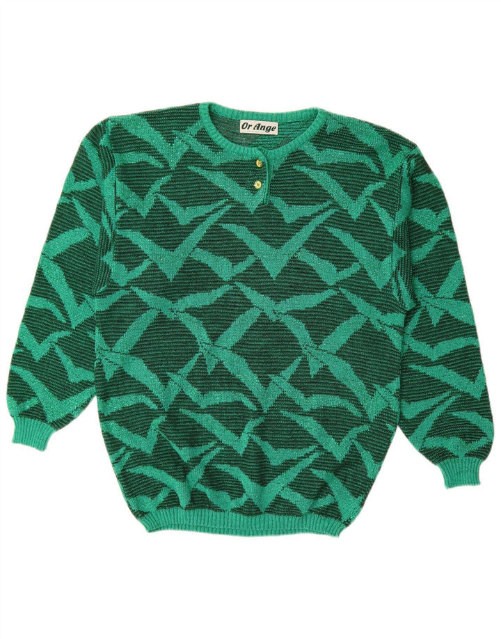 Pulover vintage pentru femei cu model abstract, cu decolteu rotund, mare, verde, UK 16