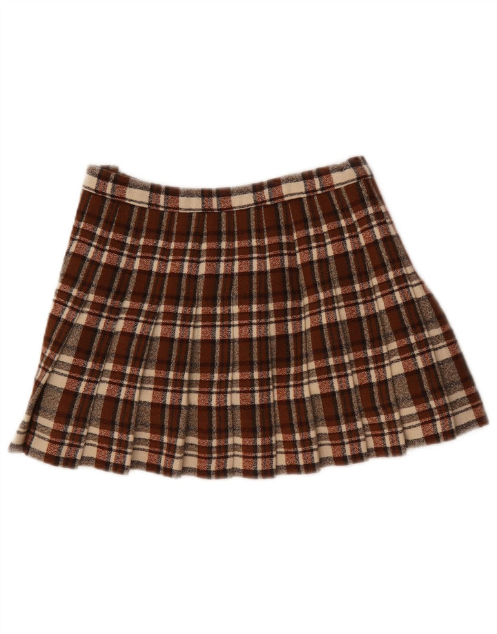 Fusta mini plisată vintage pentru femei W28 carouri maro mediu