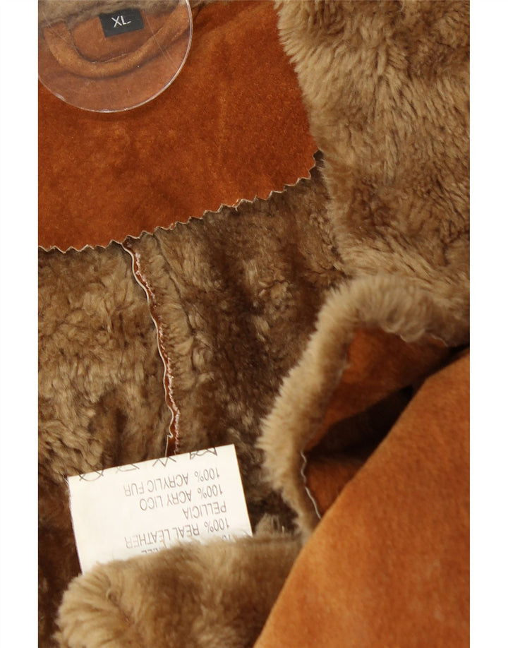 Palton din shearling vintage pentru femei UK 18 XL din piele maro