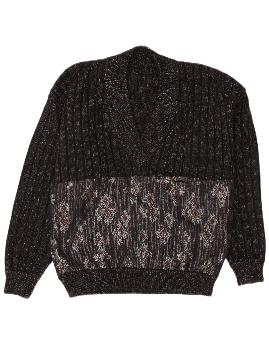 Pulover vintage pentru bărbați cu decolteu în V, mare, negru, Fair Isle